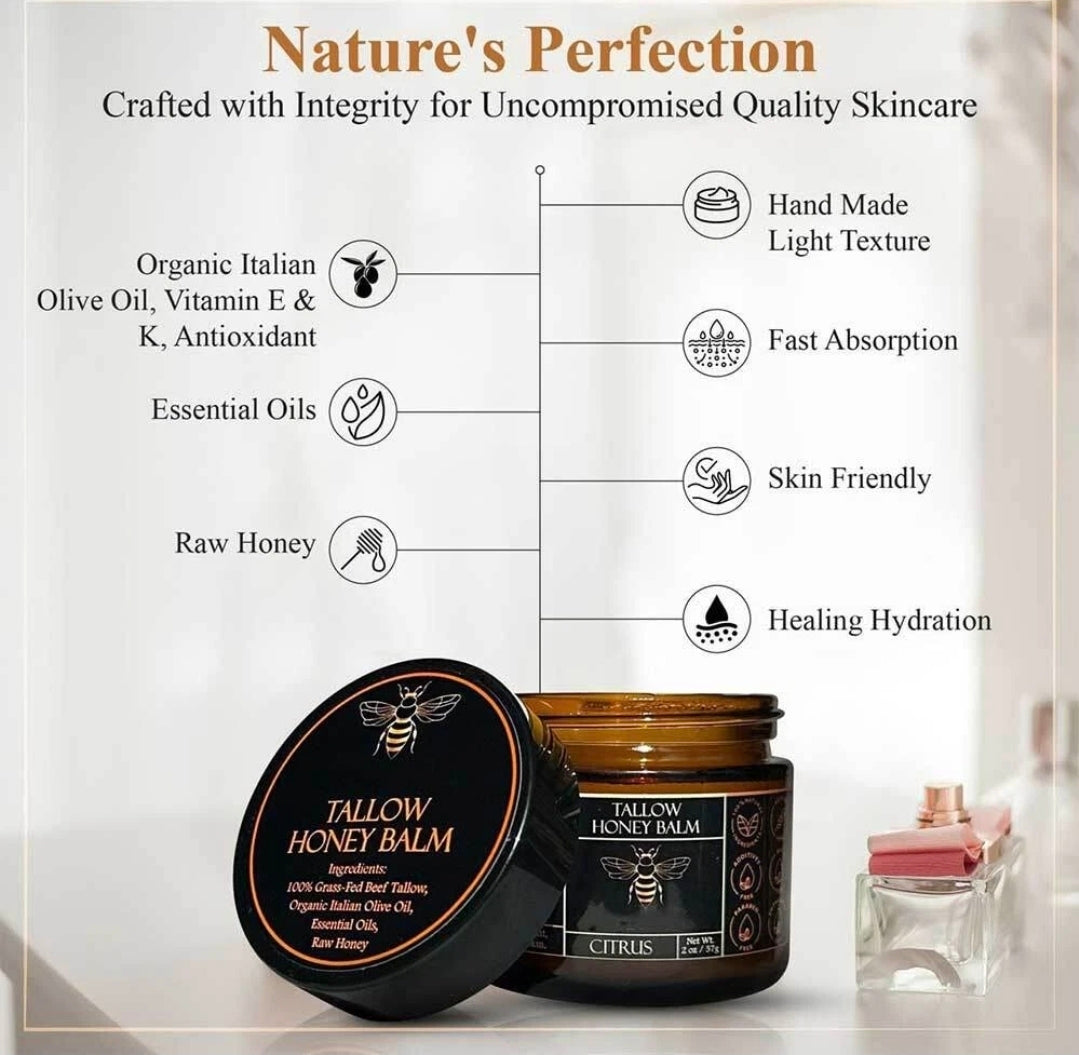 Organic Grass Fed Beef Tallow Moisturizing Cream Body Care Balm with Raw Honey